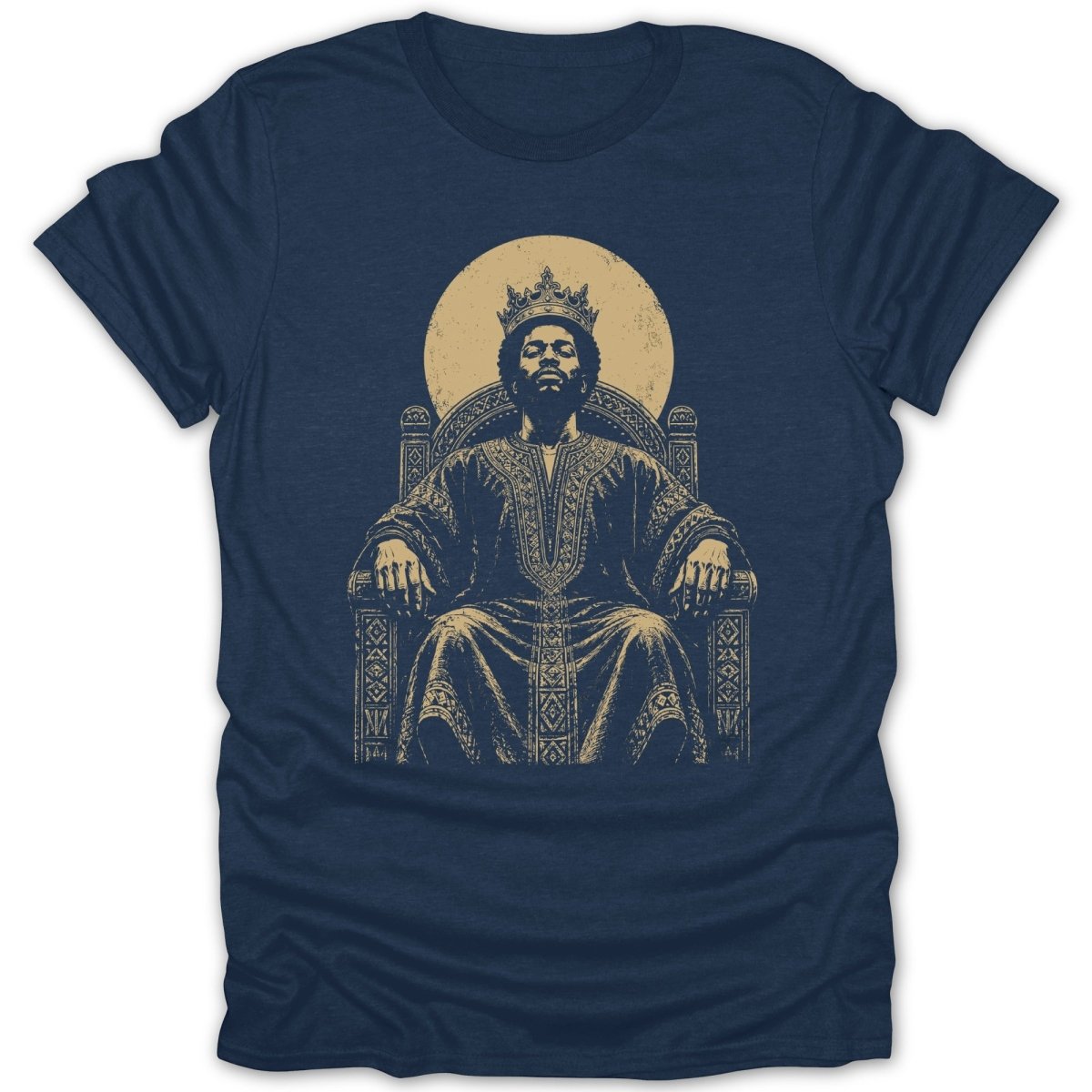 T-shirt design of a king wearing a crown and ornate robe, seated on a throne.