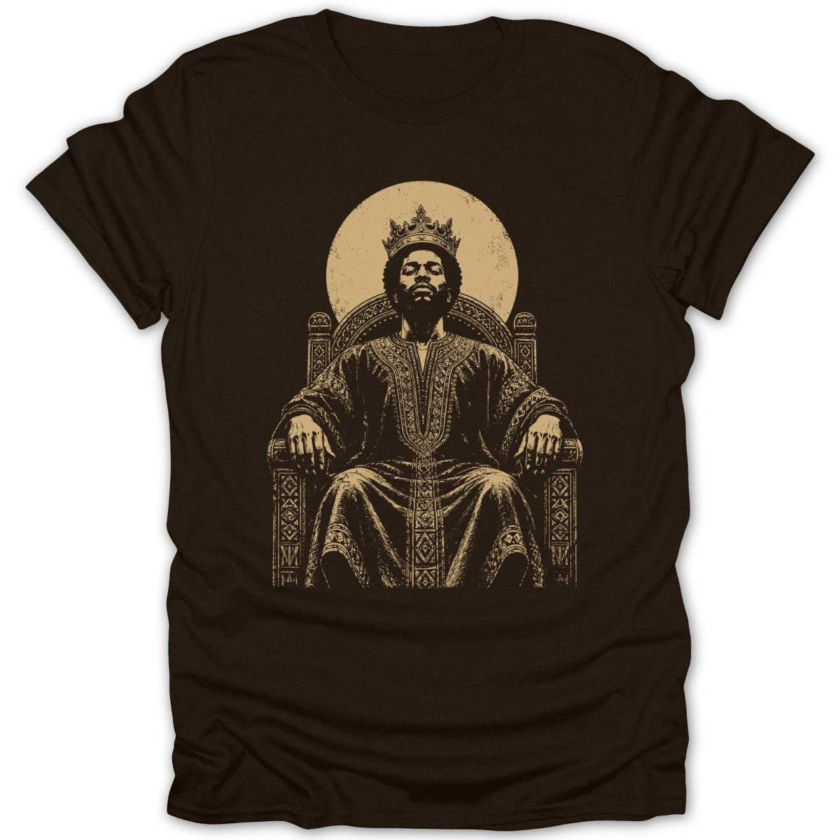 Brown t-shirt with a distressed illustration of a king on a throne.