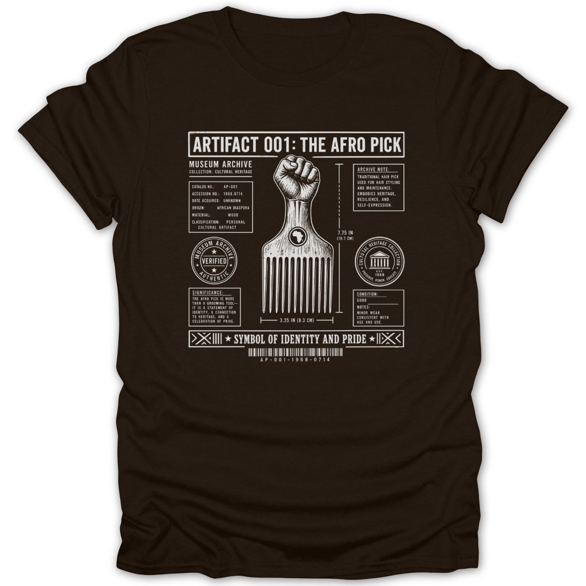 T-shirt graphic detailing an afro pick as artifact 001, with museum archive information.
