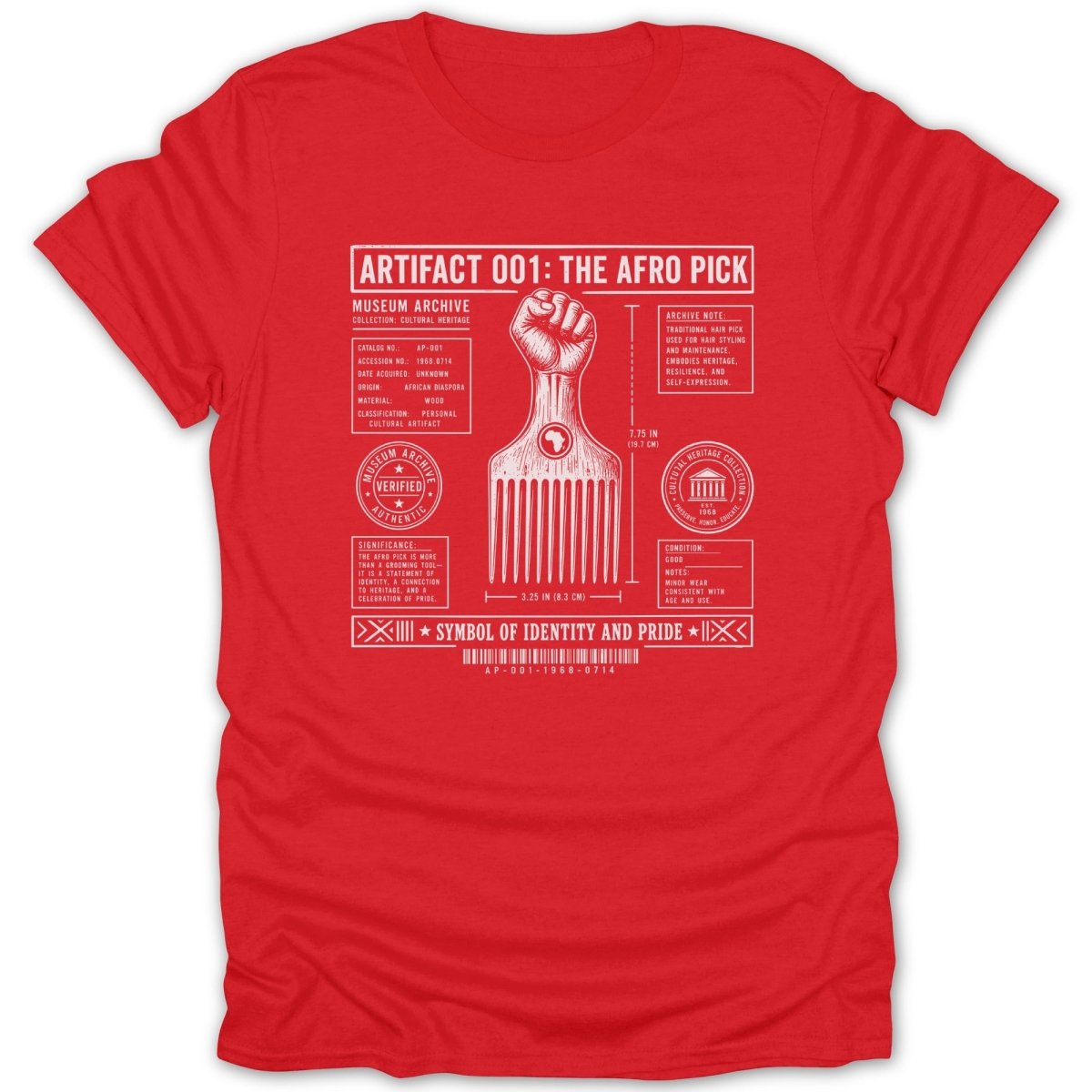 Red t-shirt with white graphic detailing an Afro pick as an artifact from museum archive.