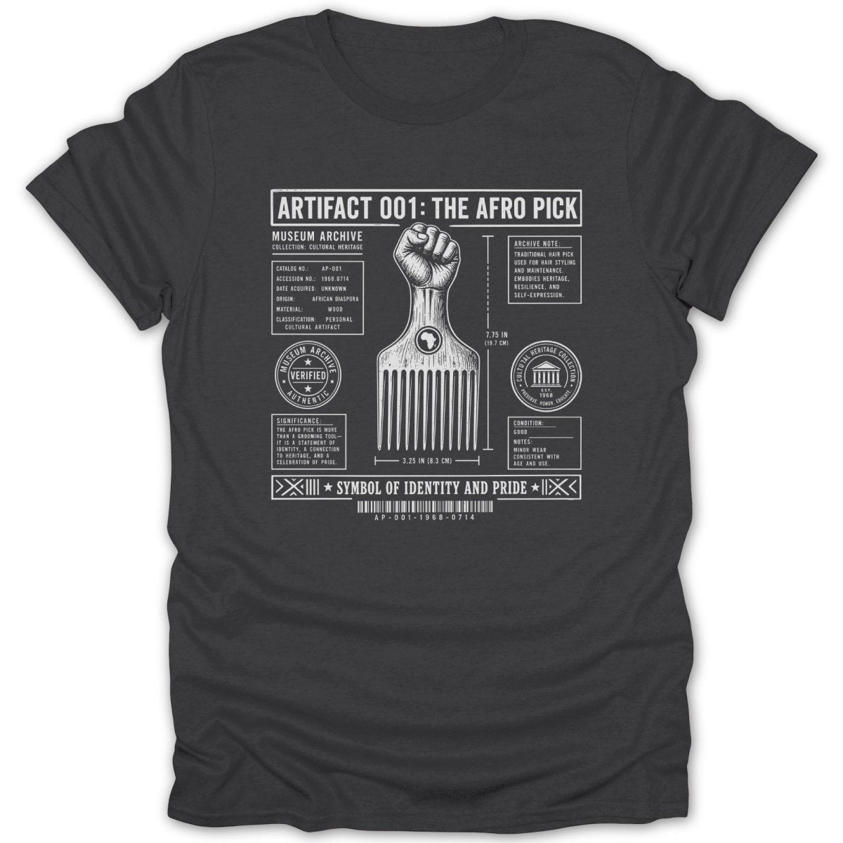 Dark gray t-shirt graphic featuring an afro pick with archival details and "Symbol of Identity and Pride".
