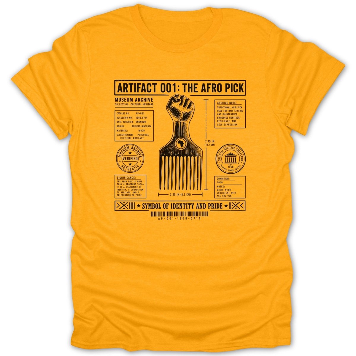 T-shirt graphic of an Afro pick with museum archive details and "Symbol of Identity and Pride".