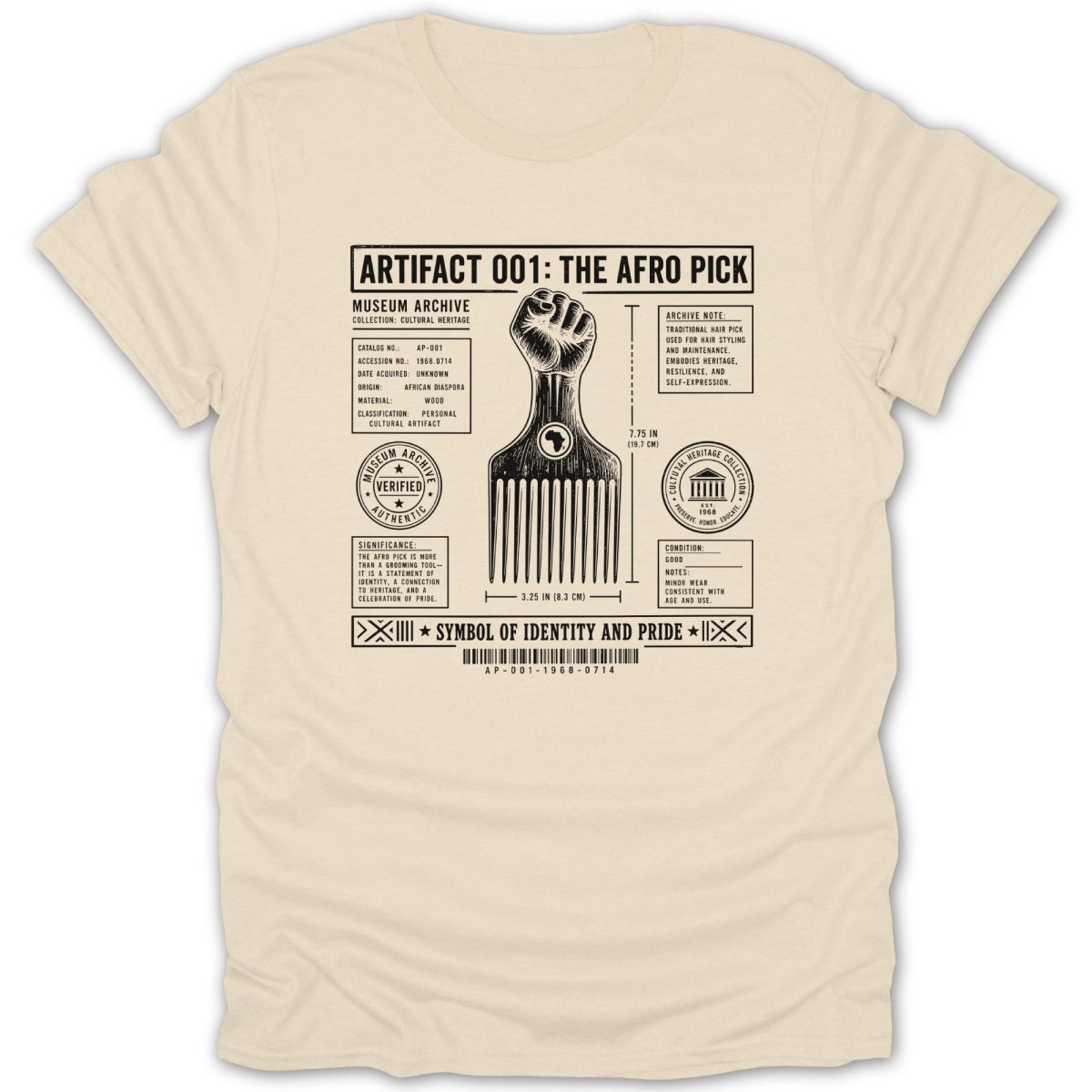 The Afro Pick artifact label with details on provenance, significance, and dimensions.