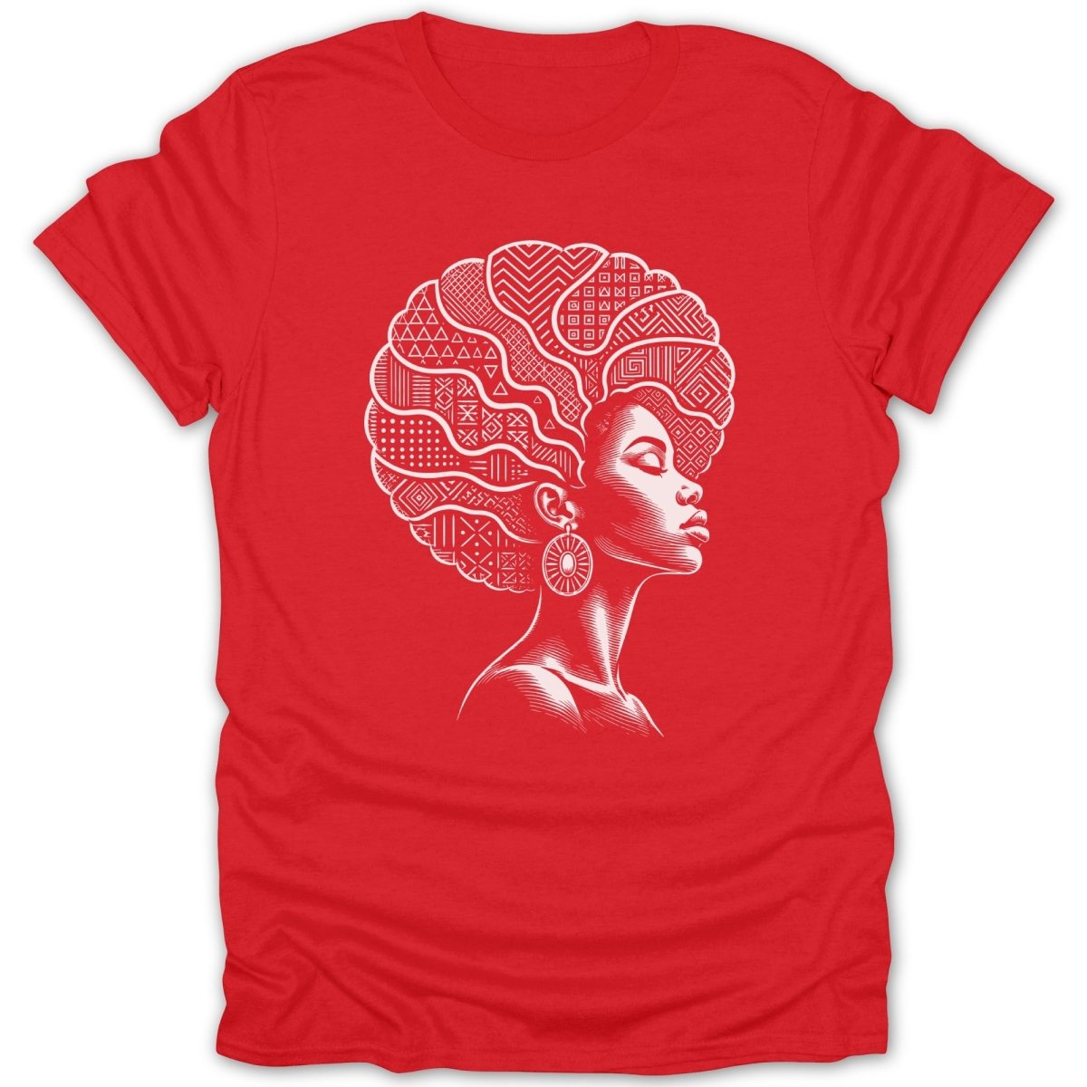 Red t-shirt with white graphic of woman's profile and patterned afro.