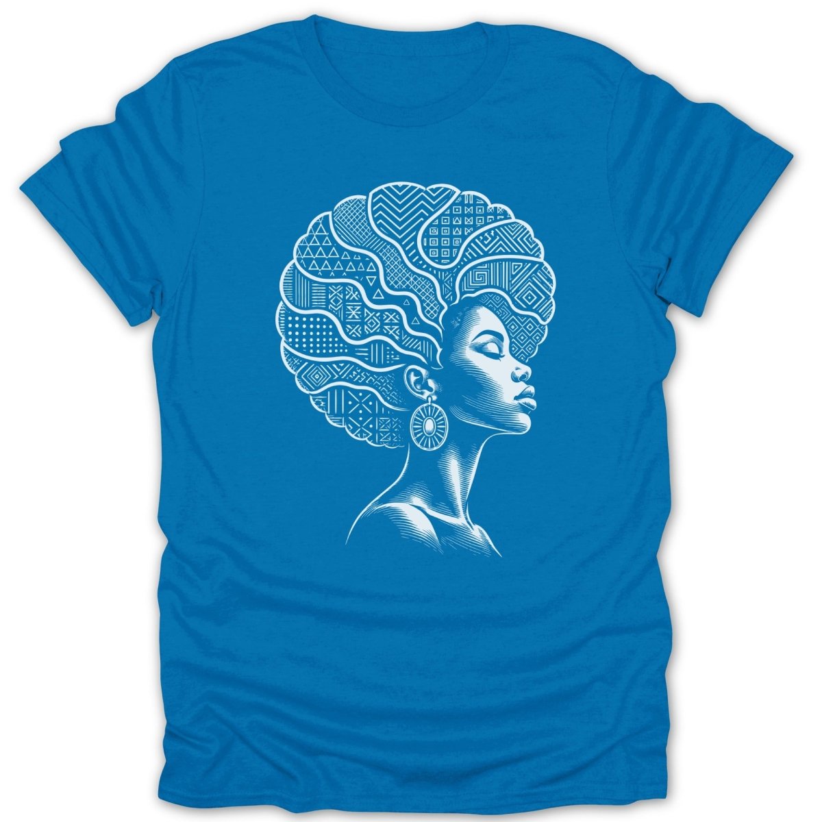 Blue t-shirt with white line art of a woman's profile and patterned afro.