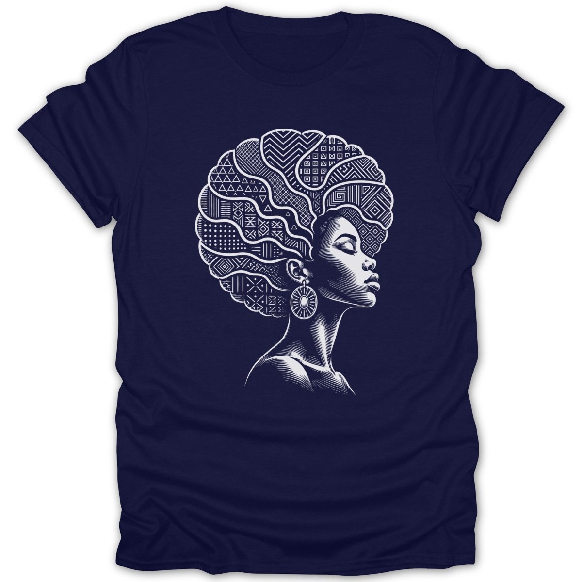 Black and white line art of woman with intricate patterned afro on navy t-shirt.