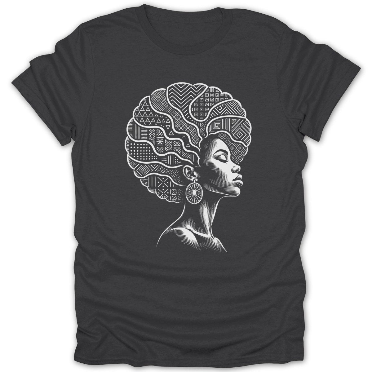 Black t-shirt featuring a profile illustration of a woman with an afro filled with geometric patterns.