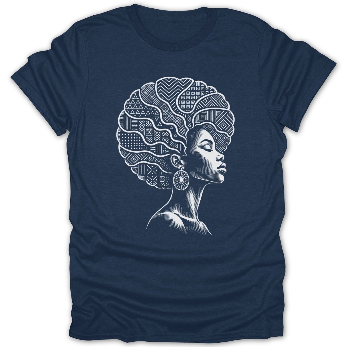 Dark blue t-shirt with a white line art of a woman with an afro filled with geometric patterns.