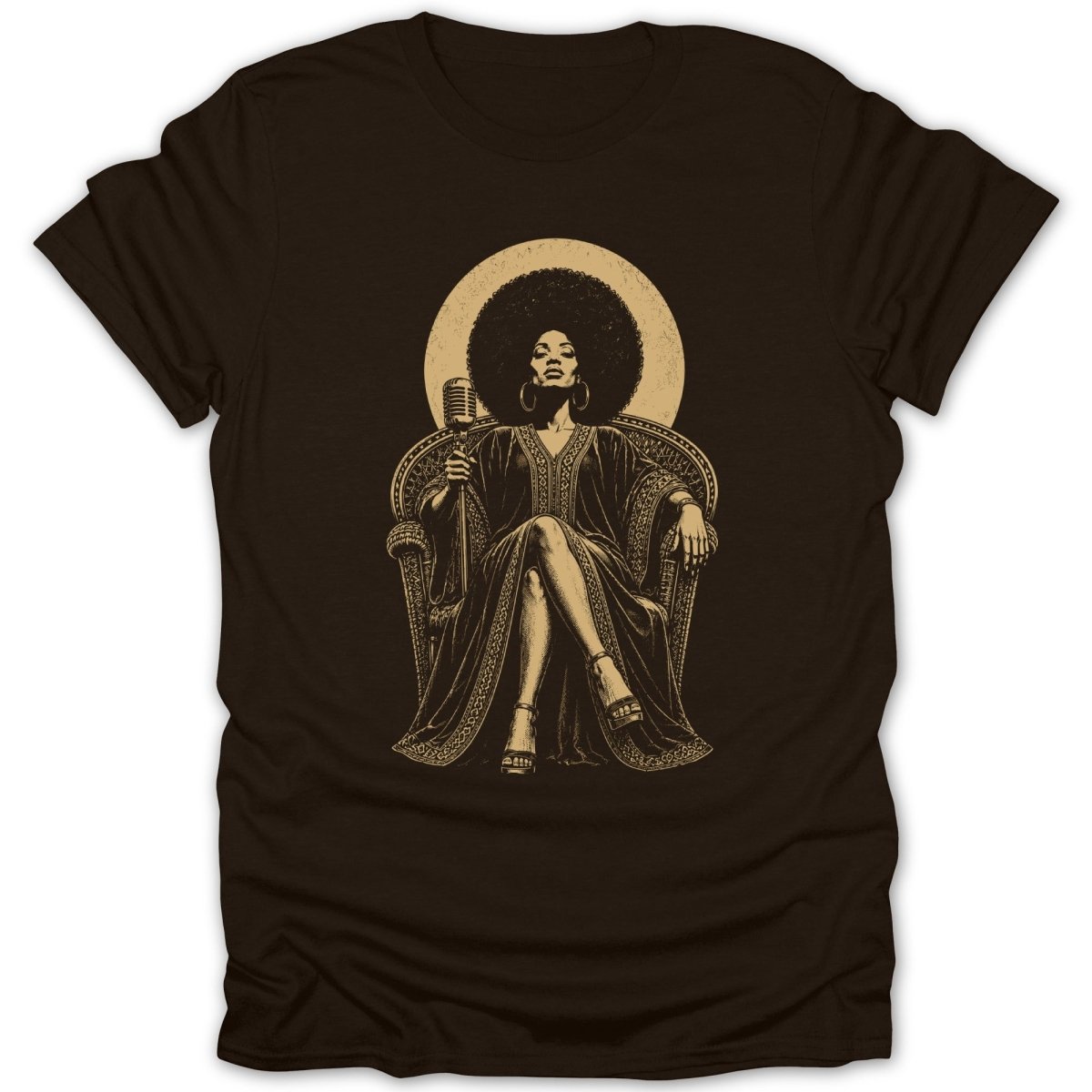 Illustration of a woman with an afro holding a microphone, seated on a throne.