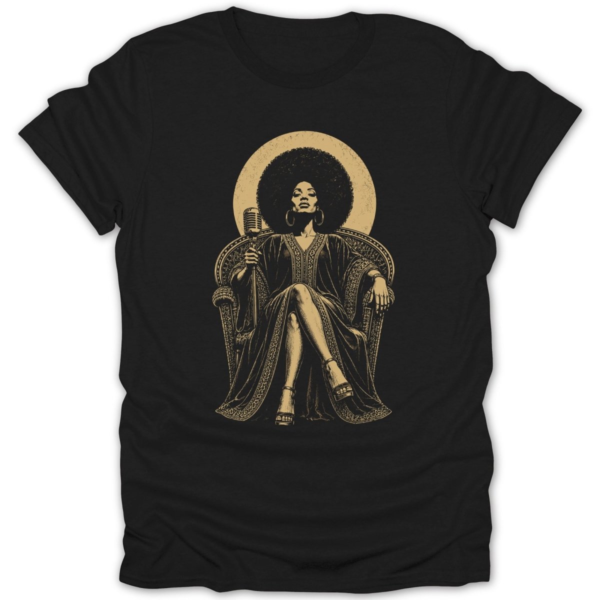 Illustration of a woman with an afro holding a microphone while sitting on a throne.