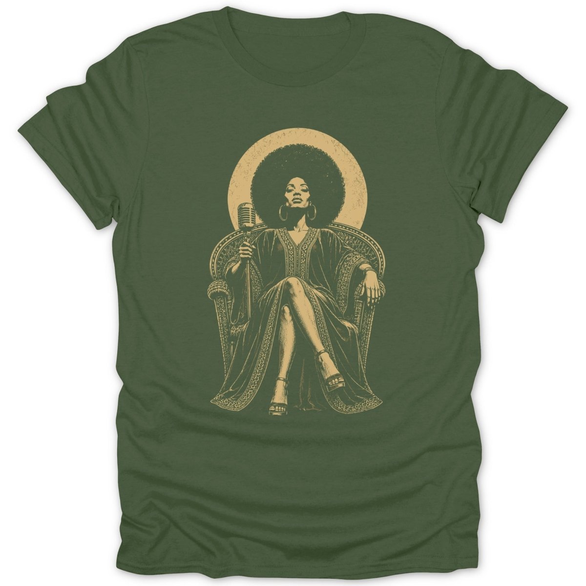 Illustration of a woman with an afro holding a microphone, seated on a throne.