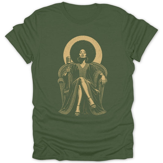 Illustration of a woman with an afro holding a microphone, seated on a throne.