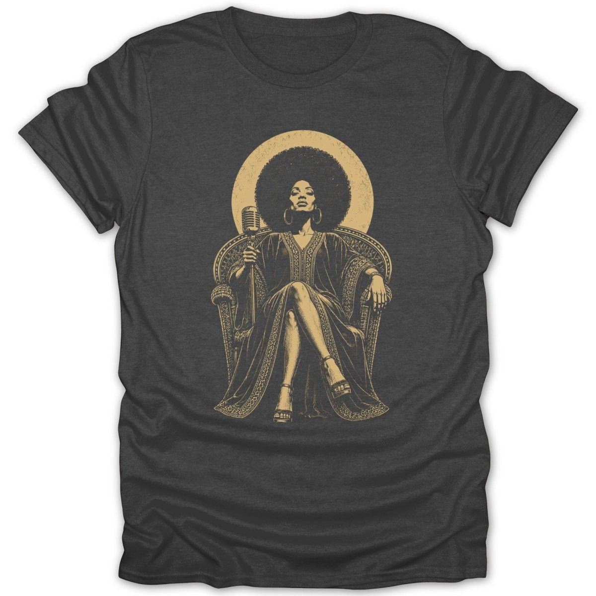 Graphic of a woman with an afro sitting in a throne holding a microphone.