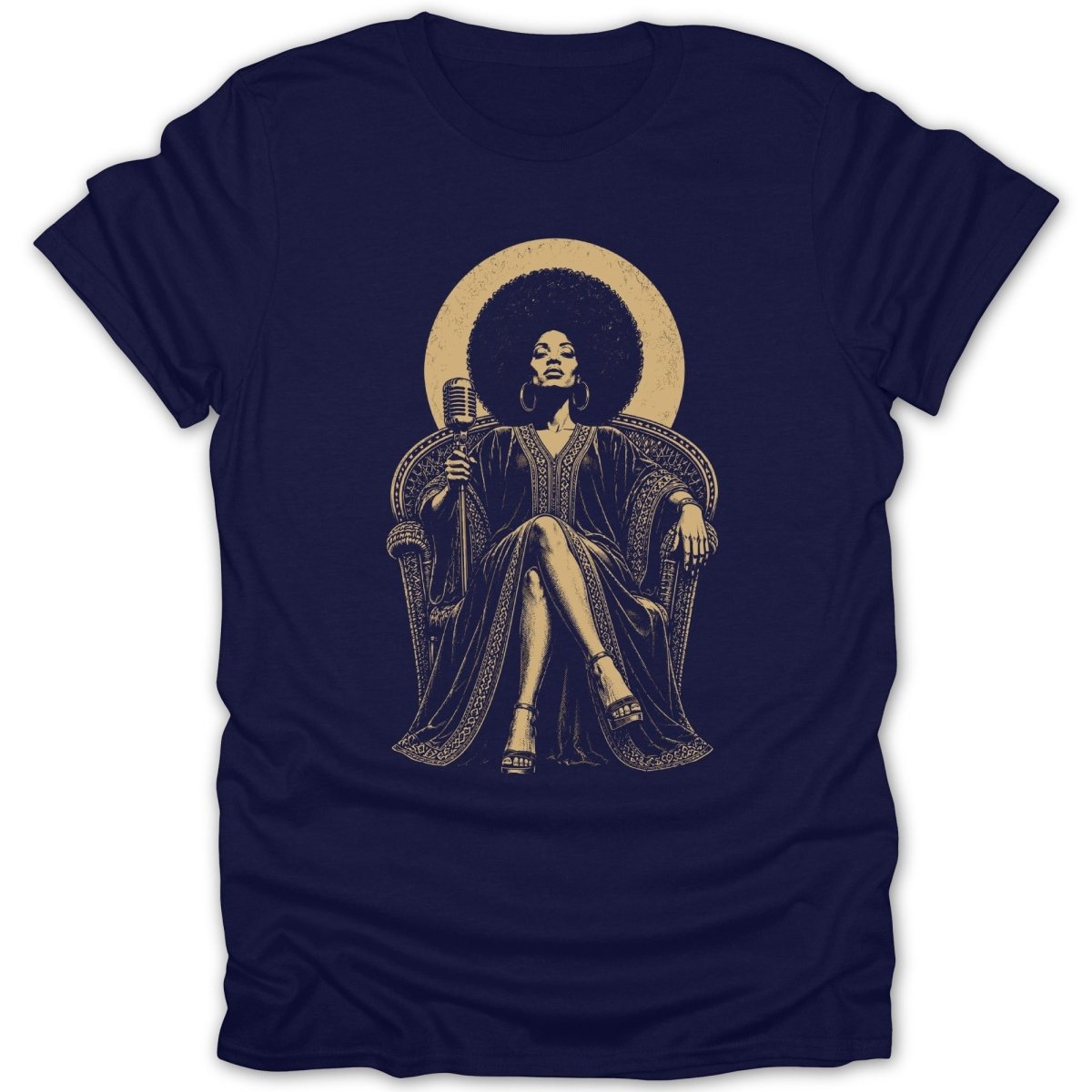 Illustration of a woman with an afro holding a microphone, seated on a throne.