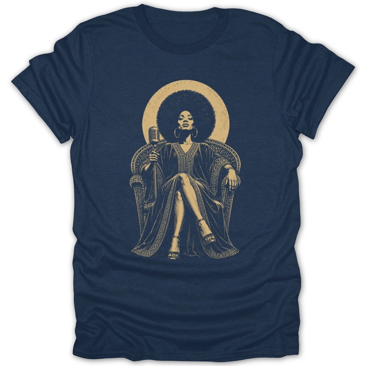 Line drawing of a woman with an afro and microphone on a throne.