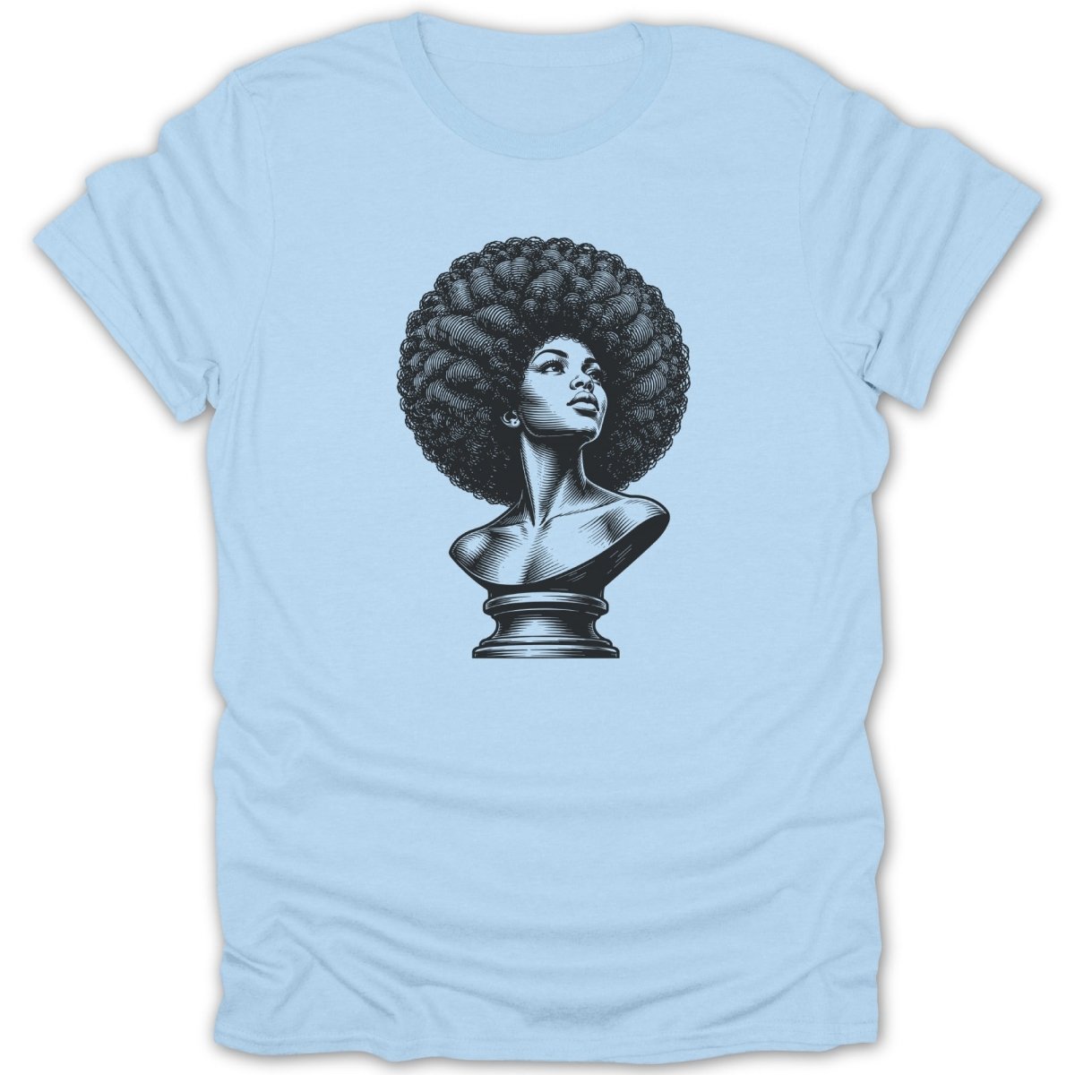 Black graphic of woman with afro on light blue t-shirt.