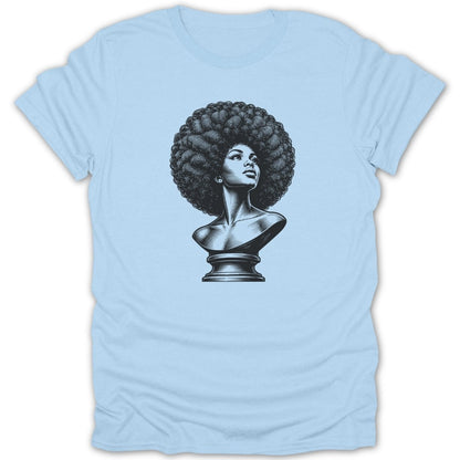 Black graphic of woman with afro on light blue t-shirt.