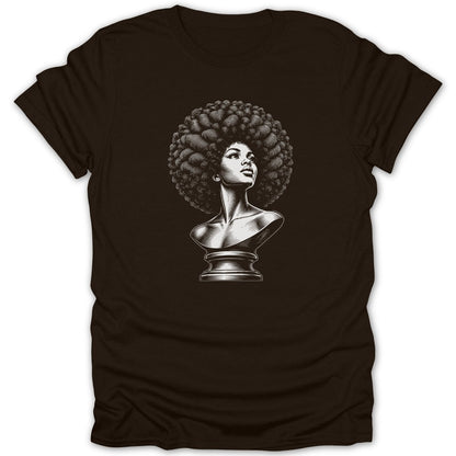 Engraving-style bust of a woman with voluminous afro hairstyle on a dark t-shirt.