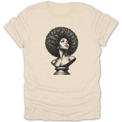 Black and white engraving of a woman with an afro on a cream t-shirt.