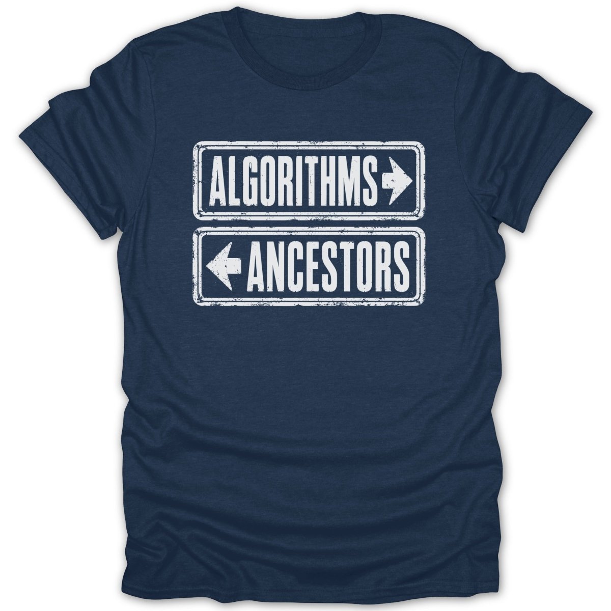 Navy t-shirt with directional signs for "Algorithms" and "Ancestors."