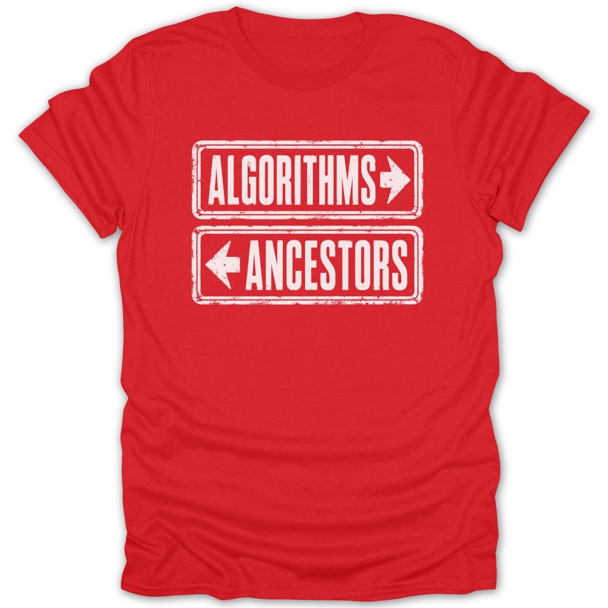 Red t-shirt with "ALGORITHMS" and "ANCESTORS" in white boxes with arrows.