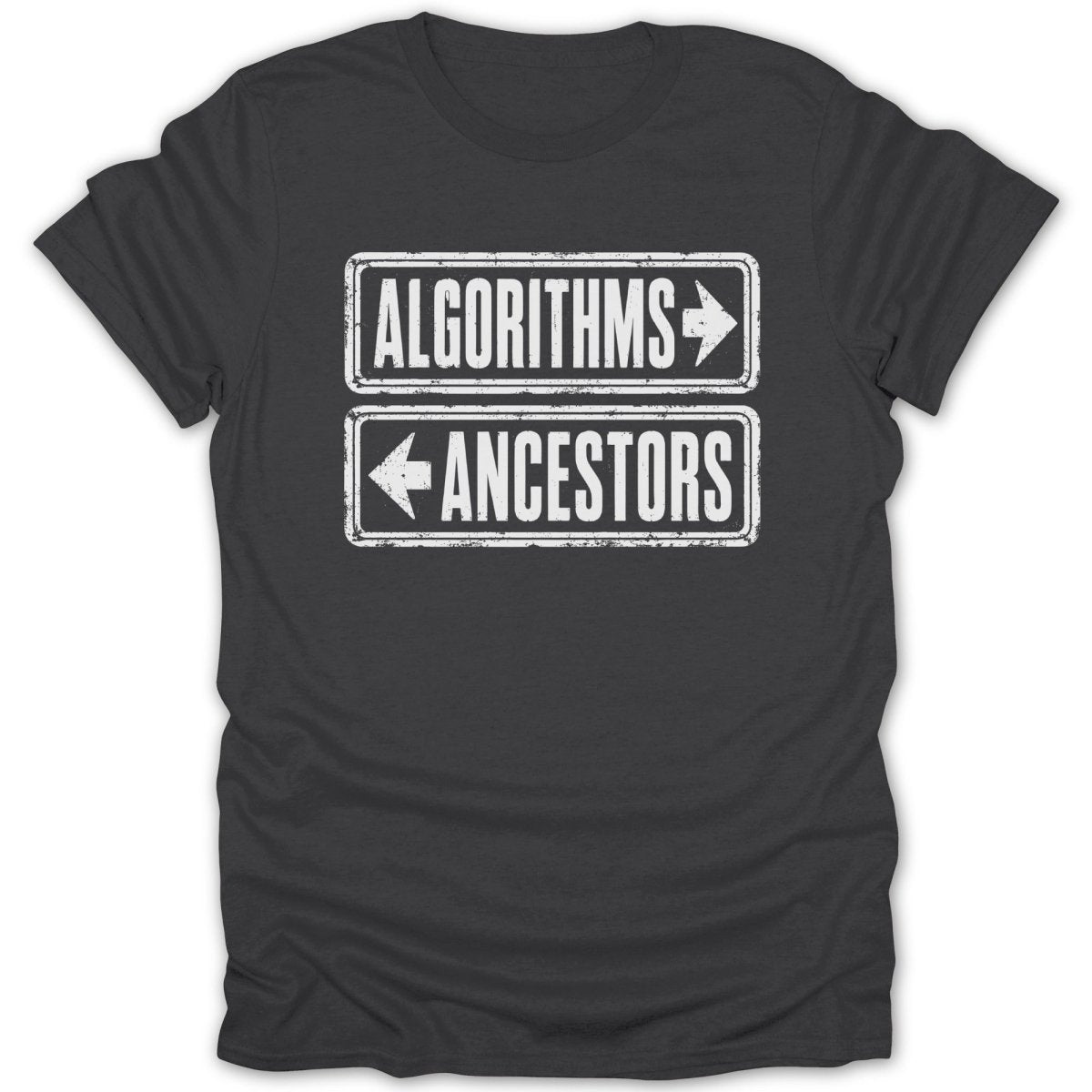 Dark t-shirt with "Algorithms" and "Ancestors" directional signs.
