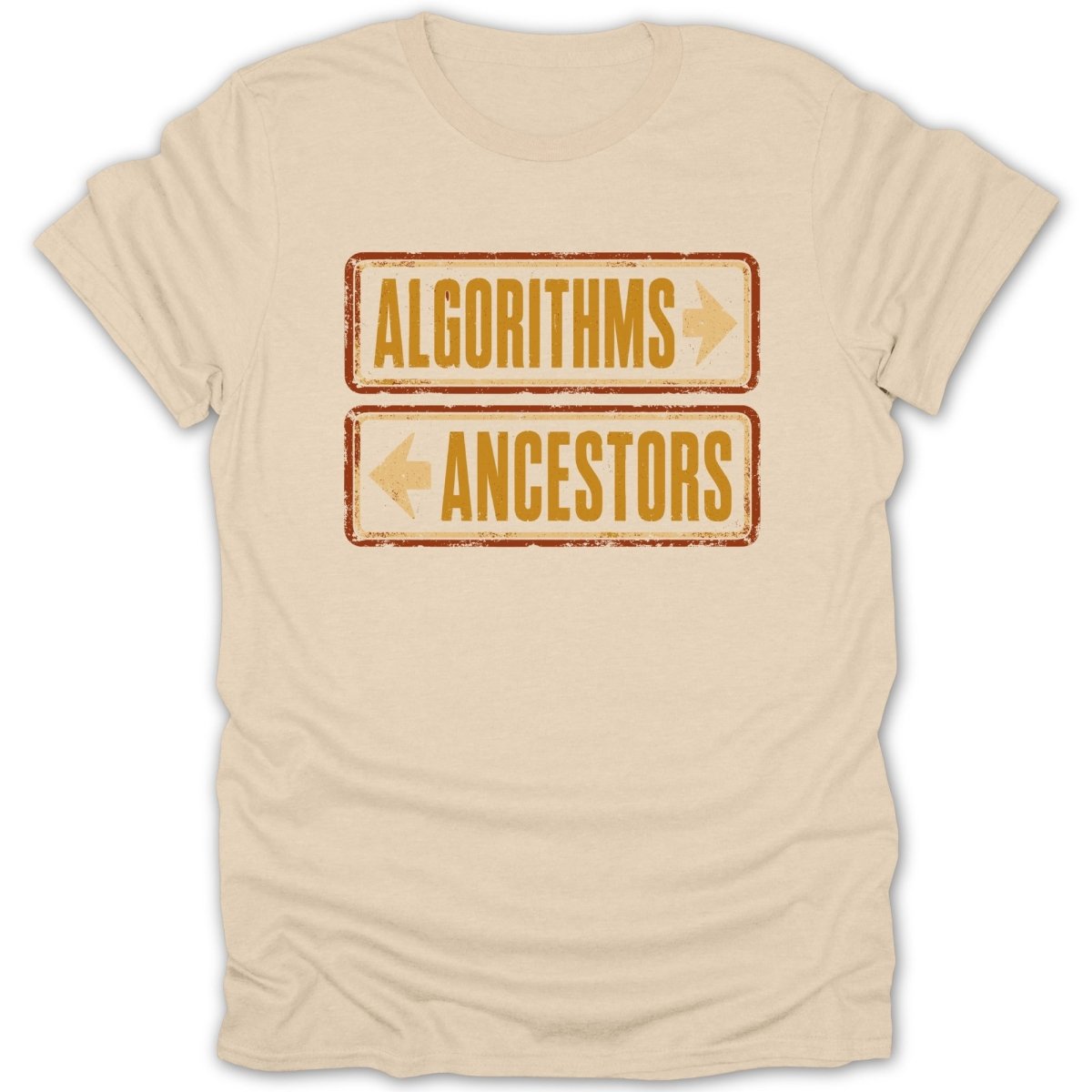 Beige t-shirt with "ALGORITHMS" and "ANCESTORS" text and arrows.