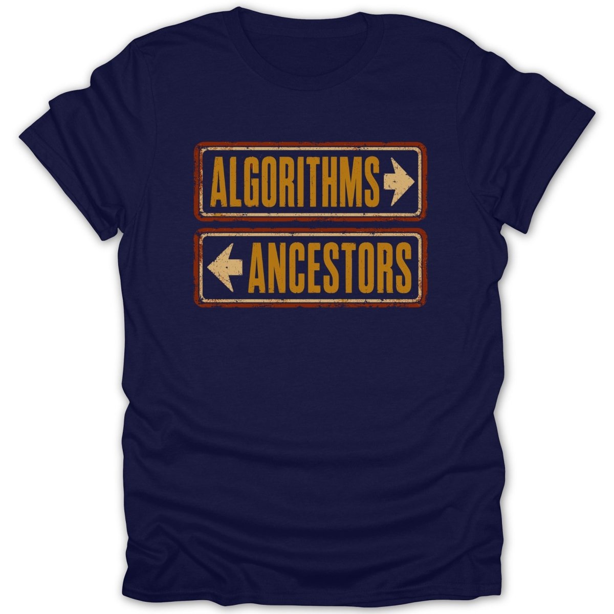 Navy t-shirt with "ALGORITHMS" and "ANCESTORS" signs.