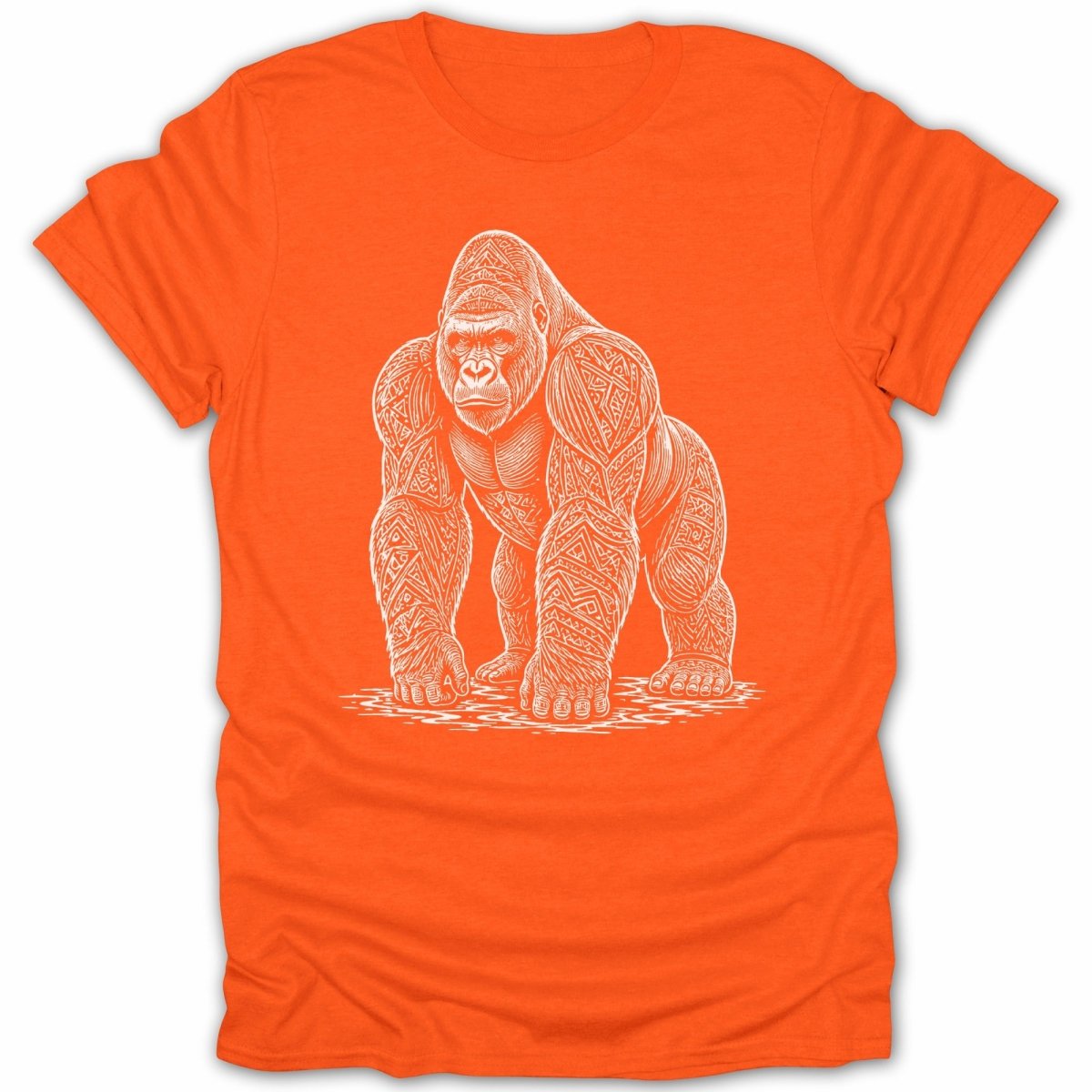 Orange t-shirt with white line art of a gorilla with ornate patterns.