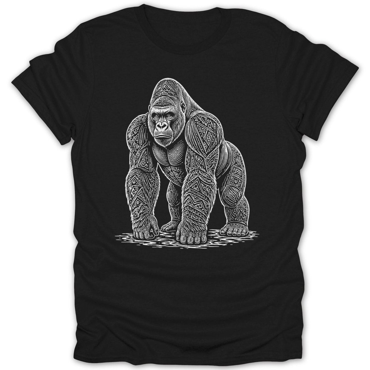 Gorilla illustration with intricate tribal patterns on black t-shirt.