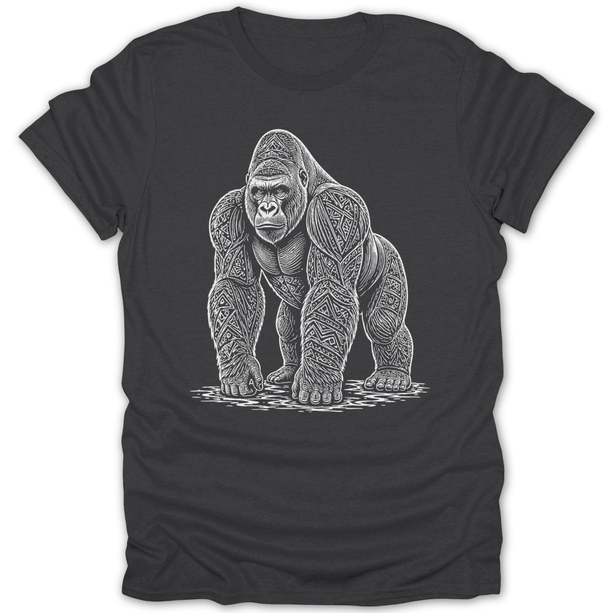 Dark grey t-shirt with a white line art illustration of a gorilla with intricate patterns.