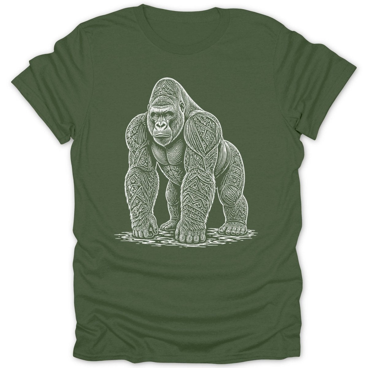 White line art of a stylized gorilla on a green t-shirt.