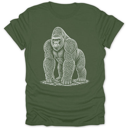 White line art of a stylized gorilla on a green t-shirt.