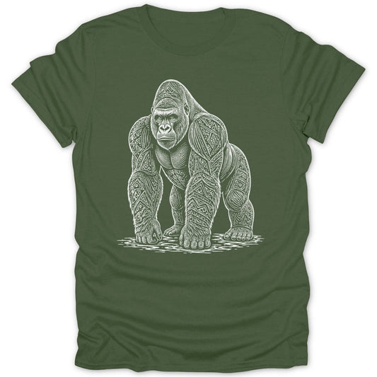 White line art of a stylized gorilla on a green t-shirt.