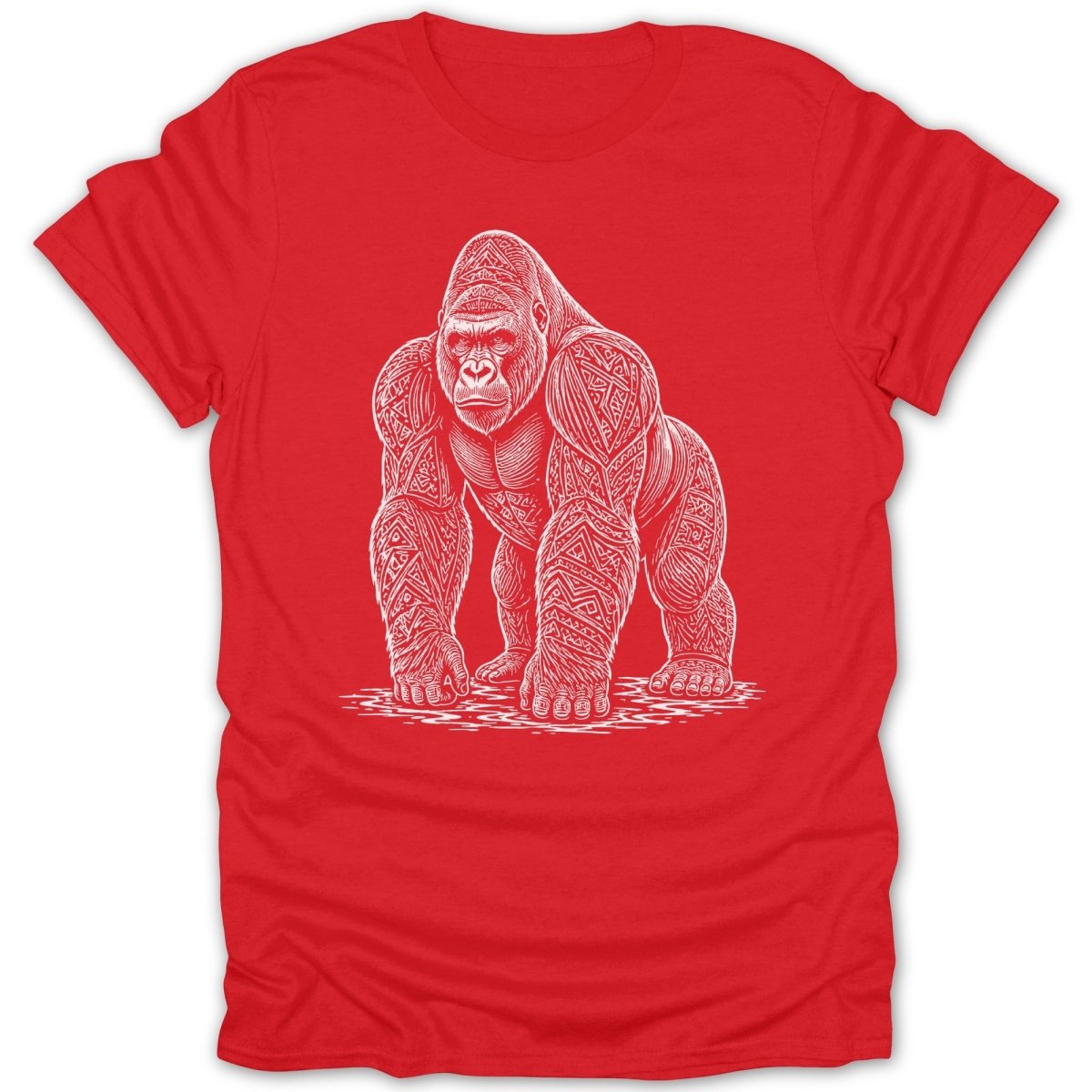 Red t-shirt with a white line drawing of a gorilla with tribal patterns.