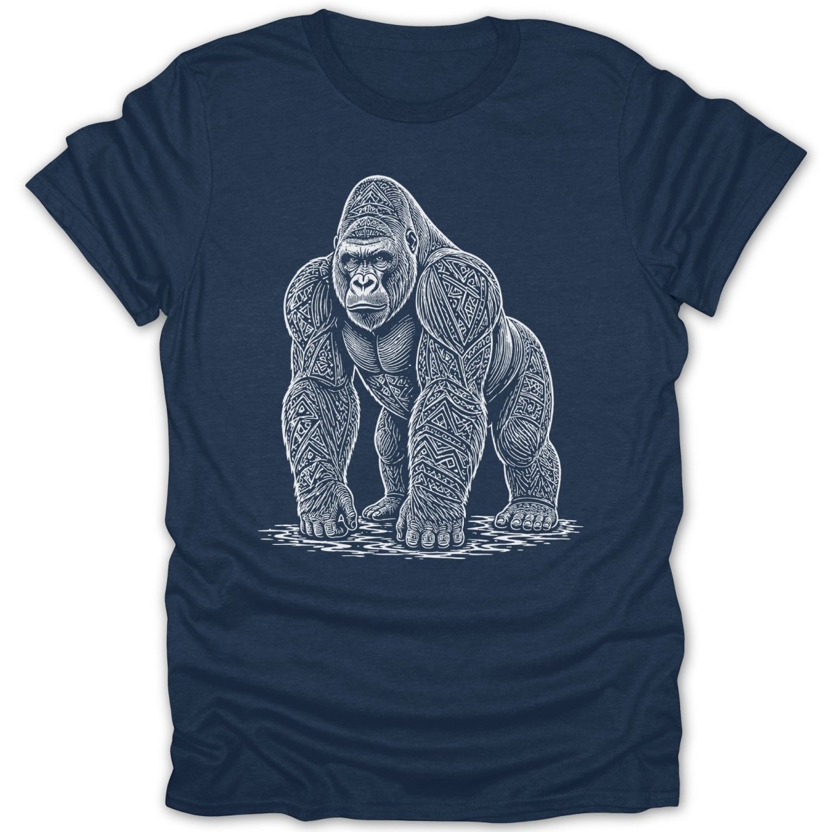 T-shirt with white line art of a gorilla with intricate tribal patterns.