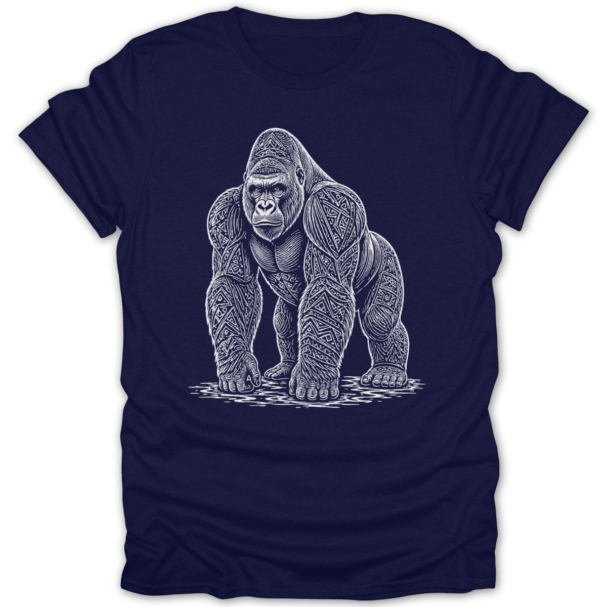 Gorilla with intricate tribal markings on a navy blue t-shirt