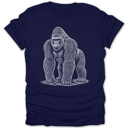 Gorilla with intricate tribal markings on a navy blue t-shirt