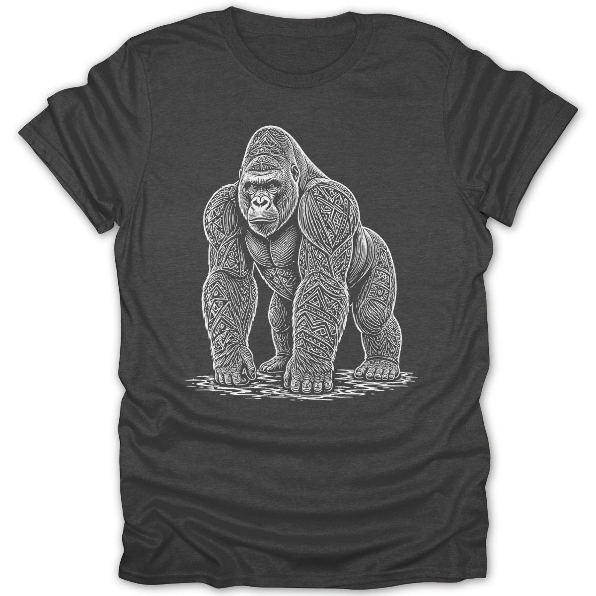 White line art of a gorilla with intricate patterned skin on a dark grey t-shirt.