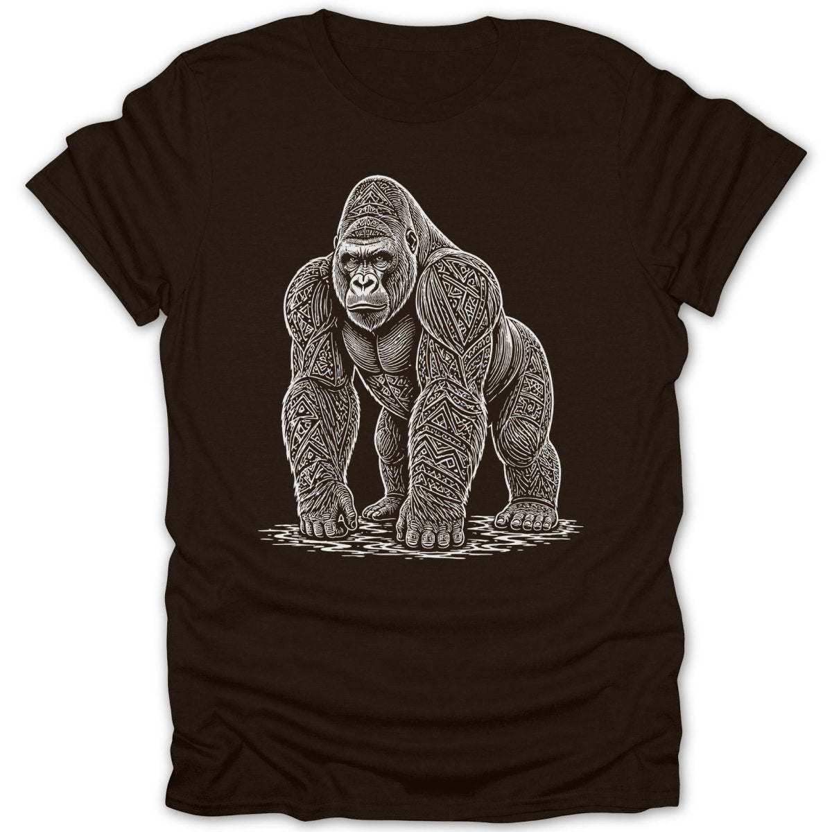 Brown t-shirt with a white line drawing of a gorilla with tribal patterns.