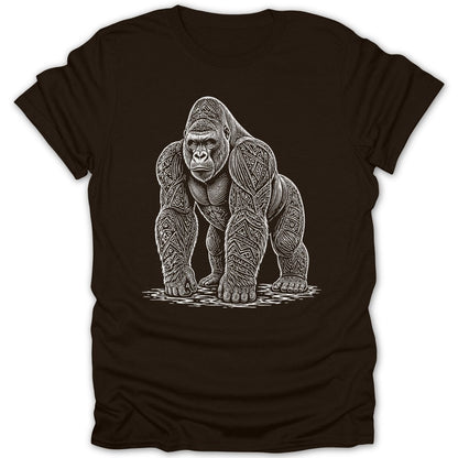 Brown t-shirt with a white line drawing of a gorilla with tribal patterns.