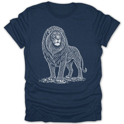 Navy t-shirt with a white ornamental lion graphic design.