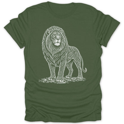 Green t-shirt with white ornate lion print standing on rippling water.