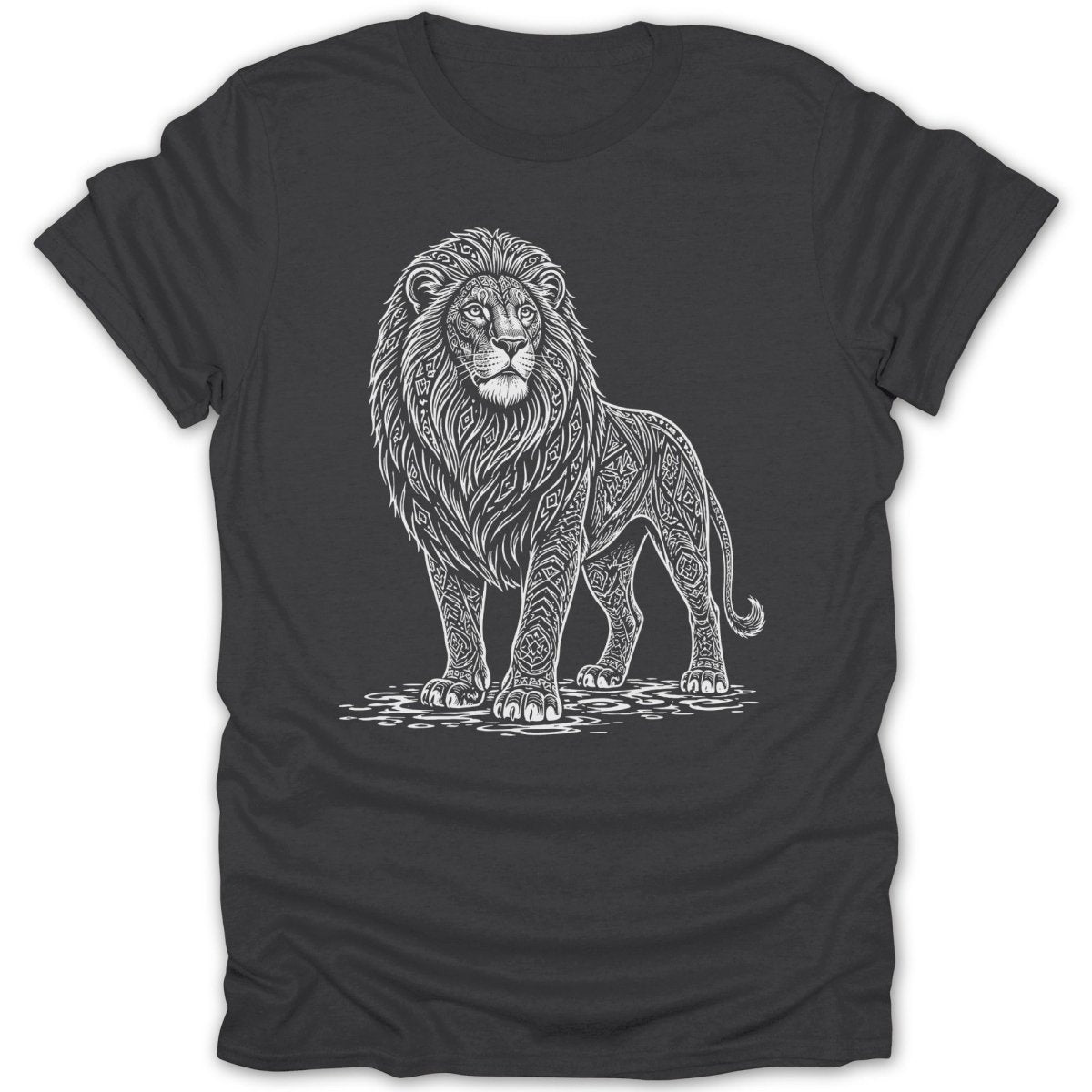 Dark gray t-shirt with a white line drawing of a stylized lion.