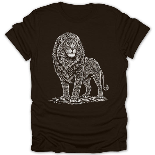 Brown t-shirt with a stylized white lion illustration standing on patterned ground.