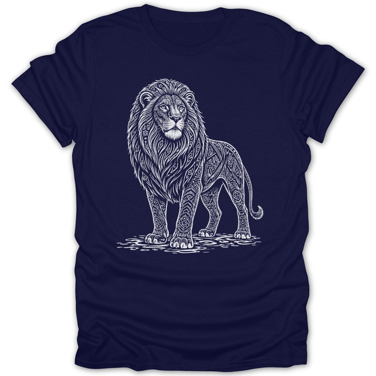 Navy t-shirt with a white ornamental lion graphic standing on wavy lines.
