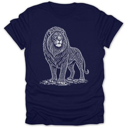 Navy t-shirt with a white ornamental lion graphic standing on wavy lines.