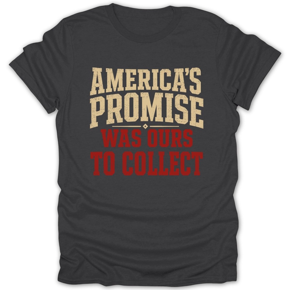 Dark t-shirt with "America's Promise Was Ours to Collect" in beige and red text.