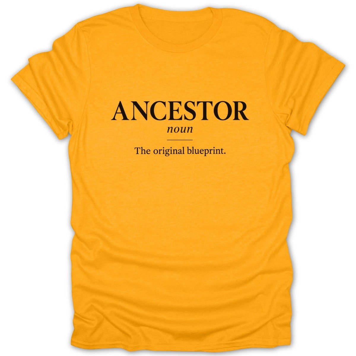 Orange t-shirt with "ANCESTOR, noun, The original blueprint." printed in black text.