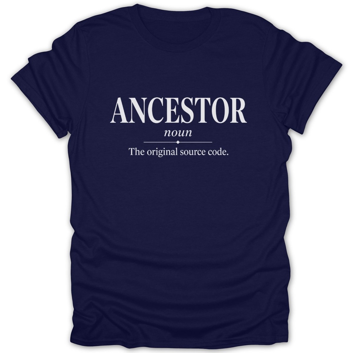 Navy t-shirt with "ANCESTOR" and "The original source code." text.